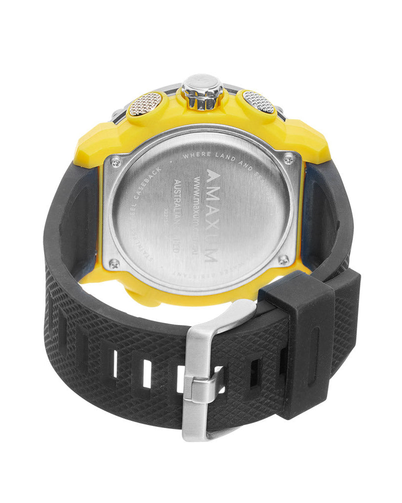 Maxum Conquest Analogue Digital Watch Black & Yellow with a silicone band and a digital display. Back view