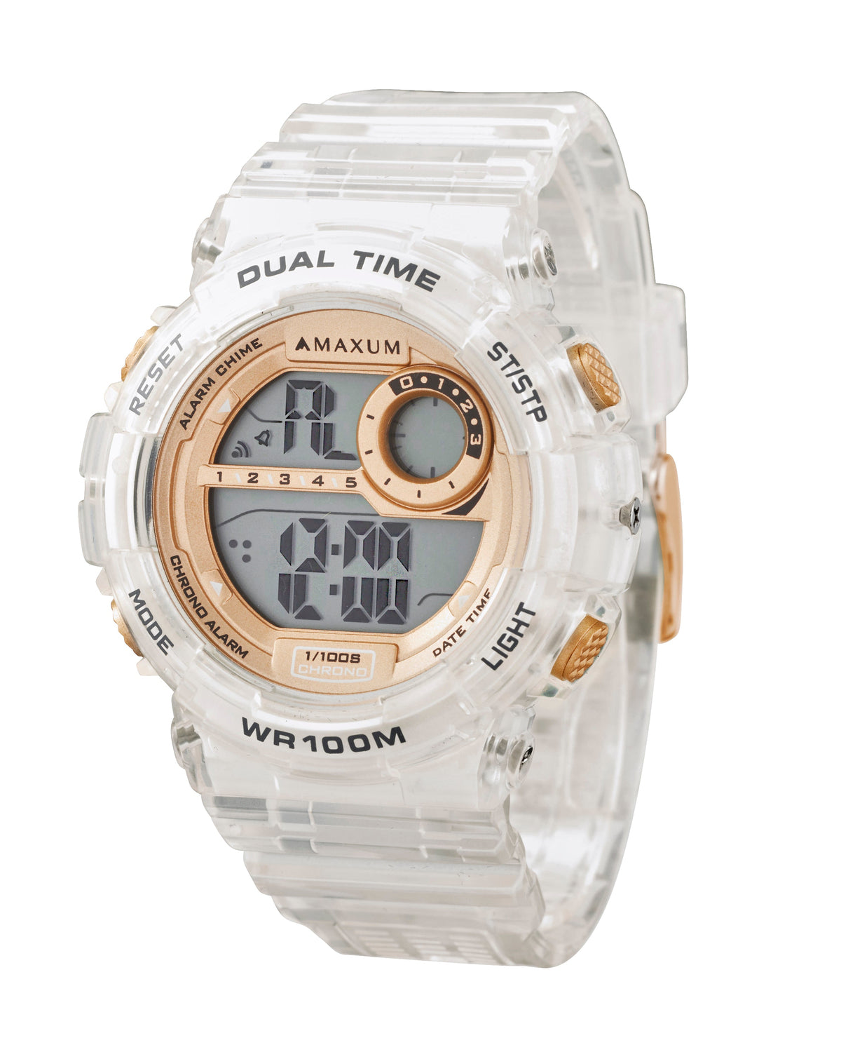 Maxum Endurance digital watch with a clear band and case, featuring a rose gold and white digital display, and buttons for various functions.
