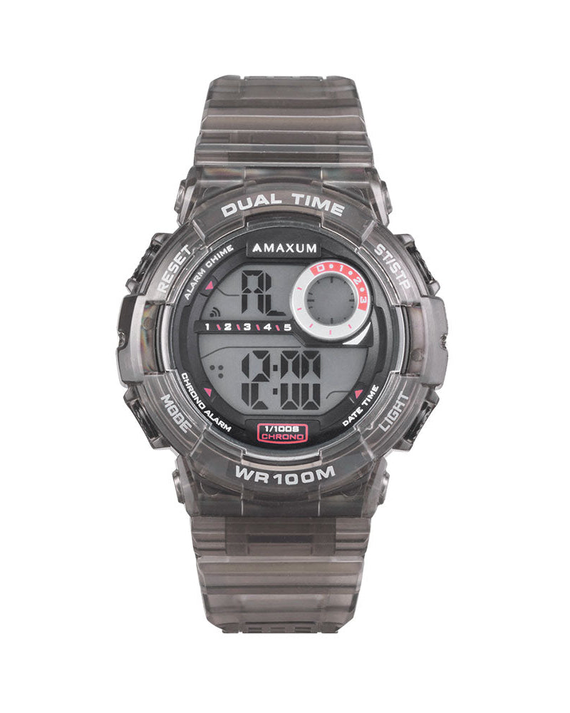 Maxum Endurance digital watch with a black resin strap and a black case, featuring a digital display, alarm, stopwatch, chronograph, and dual time functions.