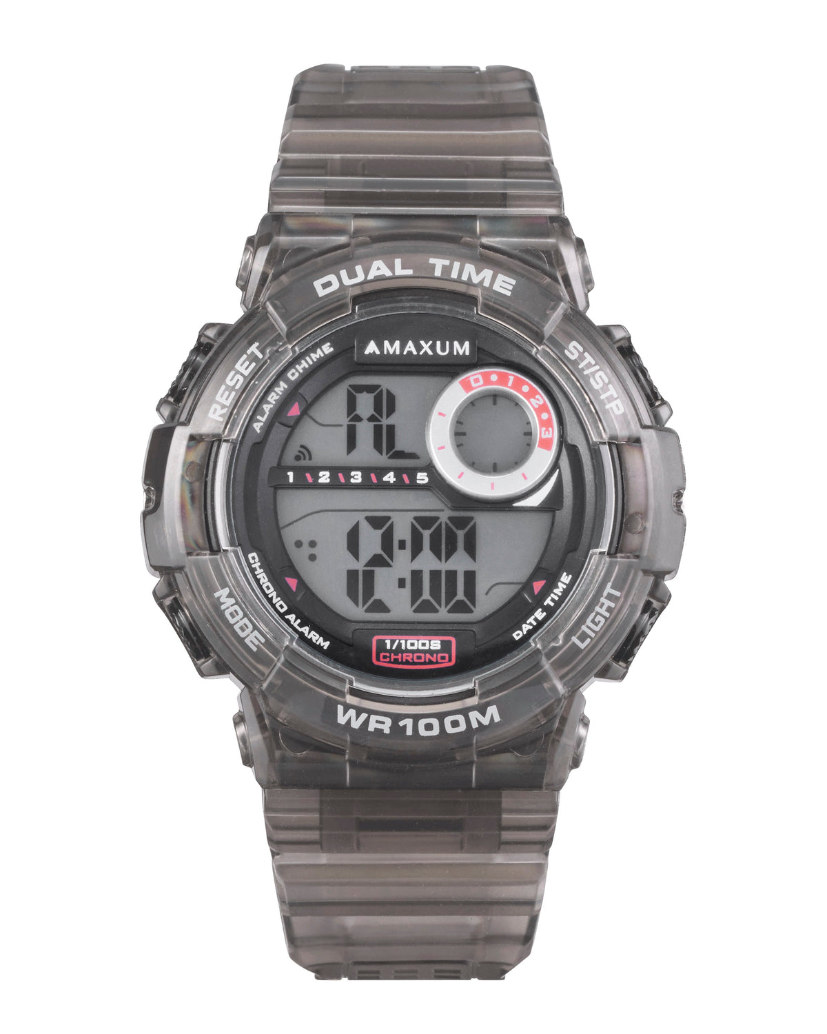 Maxum Endurance digital watch with a black resin strap and a black case, featuring a digital display, alarm, stopwatch, chronograph, and dual time functions.