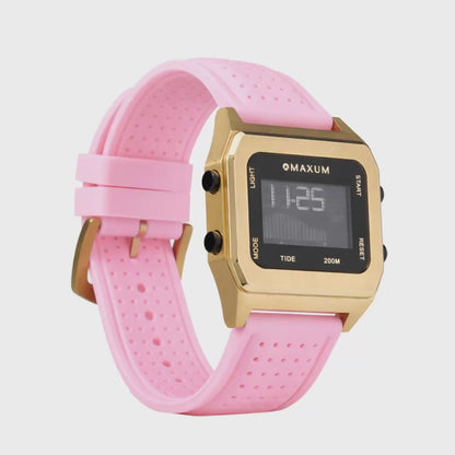 Raglan Digital Square Unisex Tide Watch– Gold Case, Black Dial & Pink Silicone Strap
