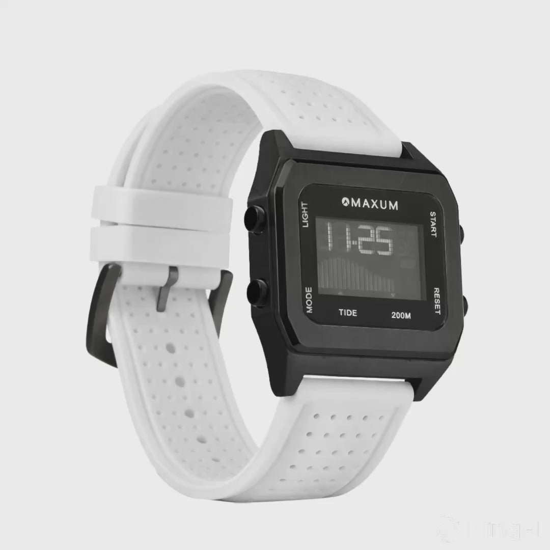 Raglan Digital Square Unisex Tide Watch – Black Case, Black Dial & White Silicone Strap