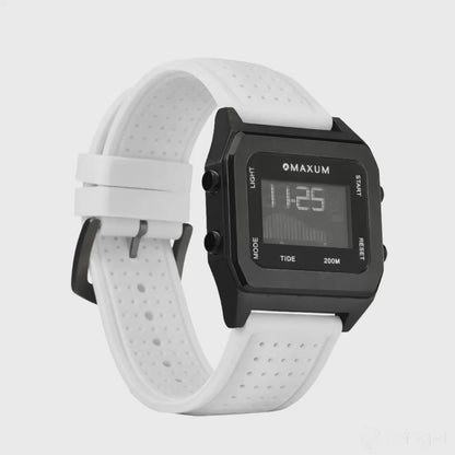 Raglan Digital Square Unisex Tide Watch – Black Case, Black Dial & White Silicone Strap