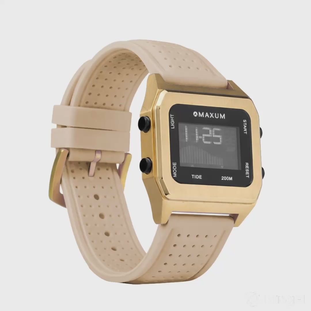 Raglan Digital Square Unisex Tide Watch– Gold Case, Black Dial & Beige Silicone Strap