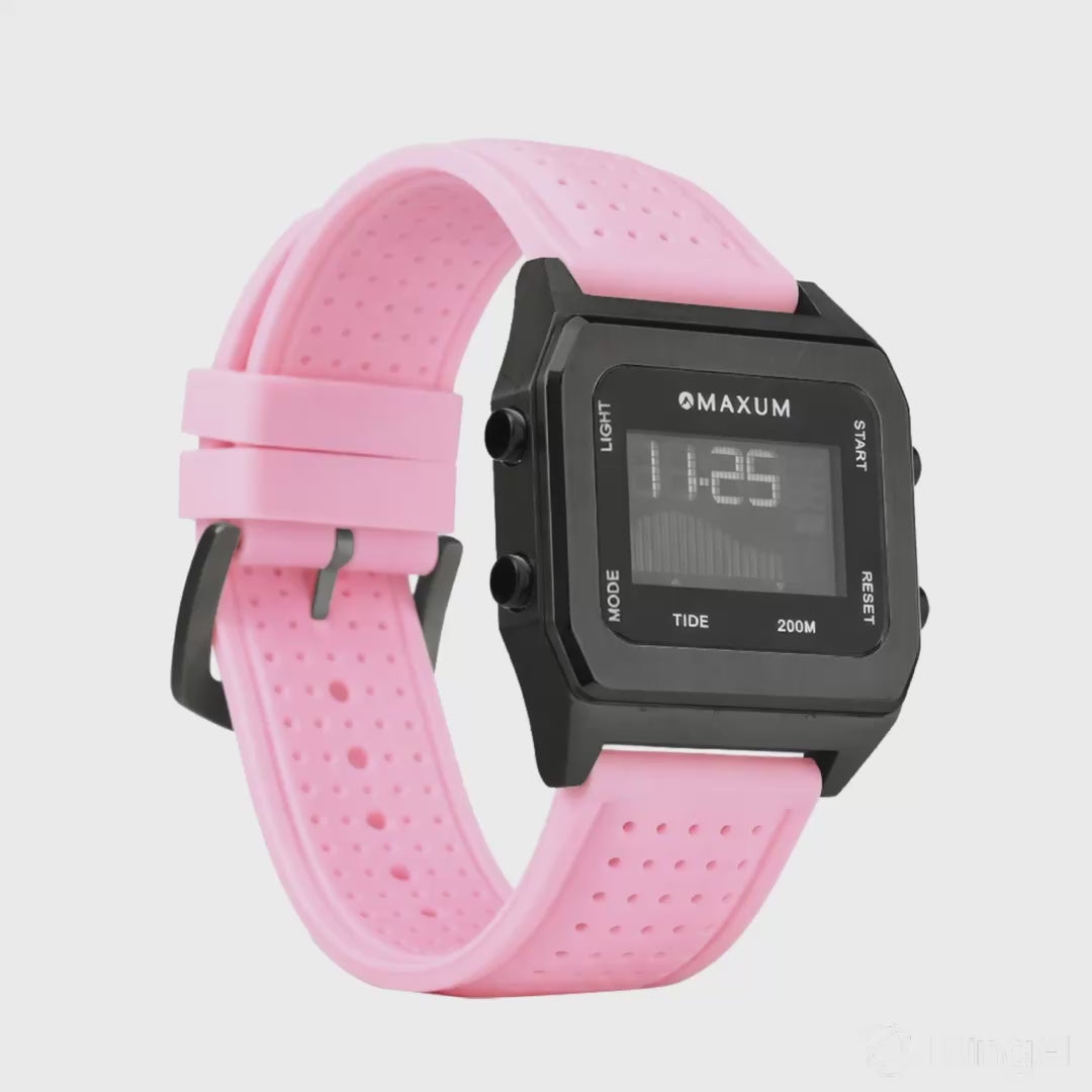 Raglan Digital Square Unisex Tide Watch – Black Case, Black Dial & Pink Silicone Strap