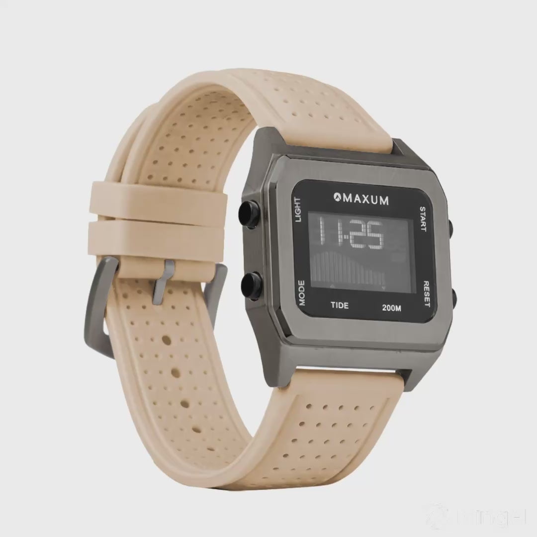 Raglan Digital Square Unisex Tide Watch– Gun Metal Case, Black Dial & Beige Silicone Strap
