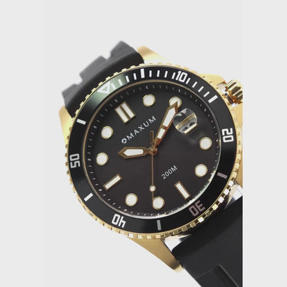 Prince Analogue Date Watch – Gold Case, Black Dial & Black Silicone Strap