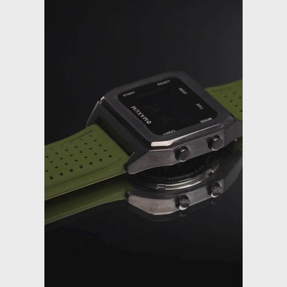 Raglan Digital Square Dial Tide Watch – Black Case, Black Dial & Green Silicone Strap