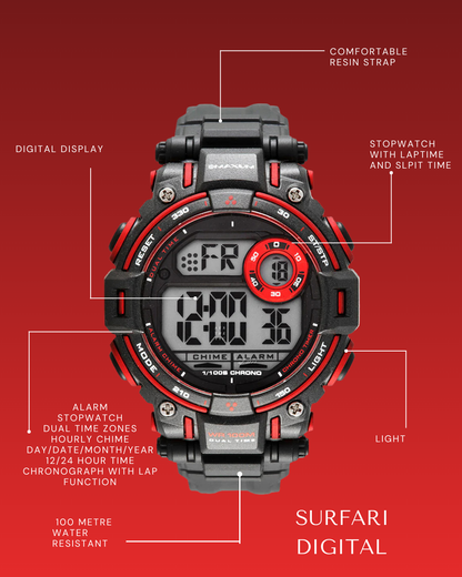 Maxum Surfari digital watch with a black case and red accents, featuring a digital display with red highlights, and a black resin strap with a buckle closure.on a red background, featuring text labels.
